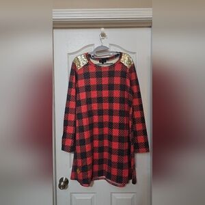 Simply Southern Red Plaid Dress with gold sequin.